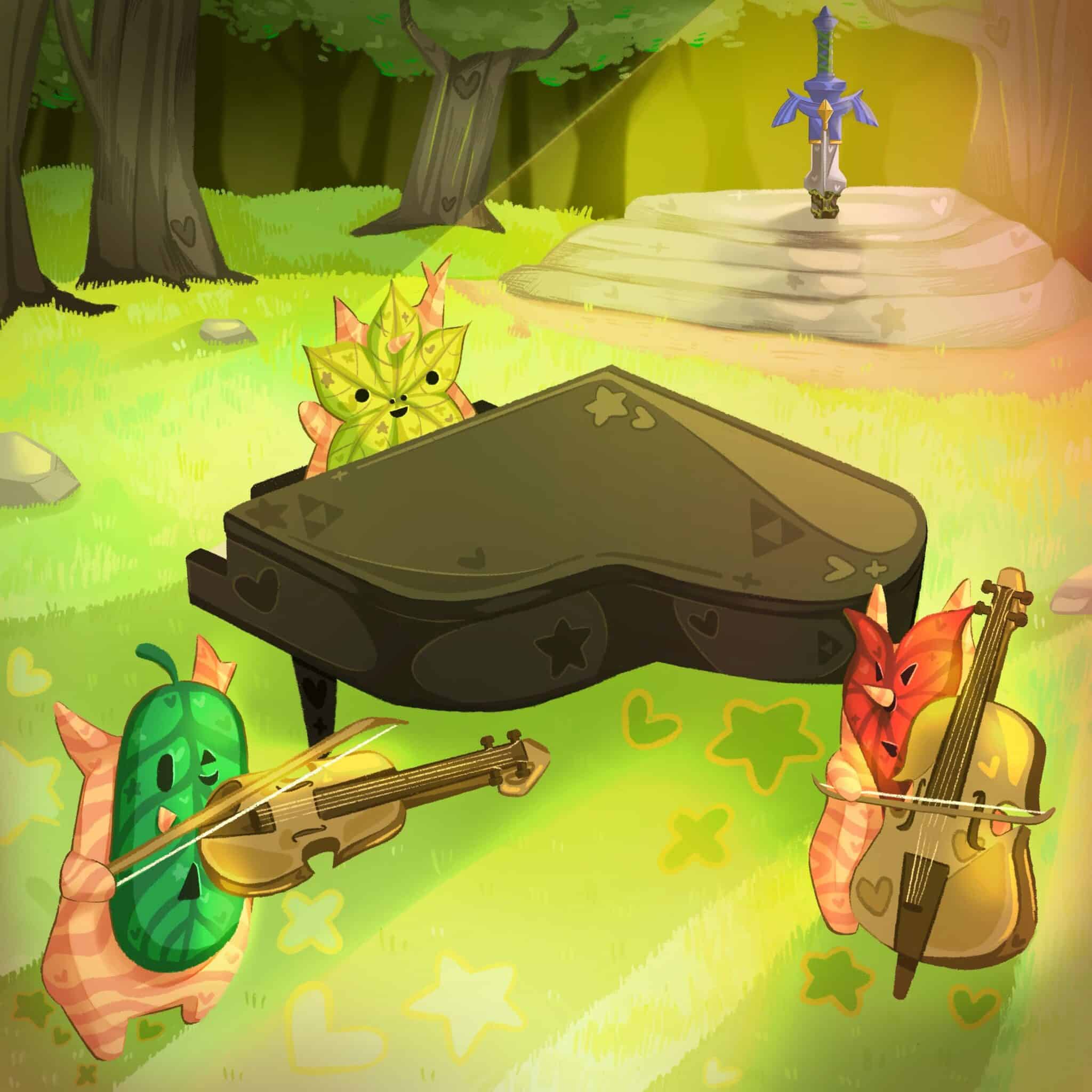 Zelda Classics album cover by Sixth Station Trio featuring three Koroks playing music in The Lost Woods by The Master Sword