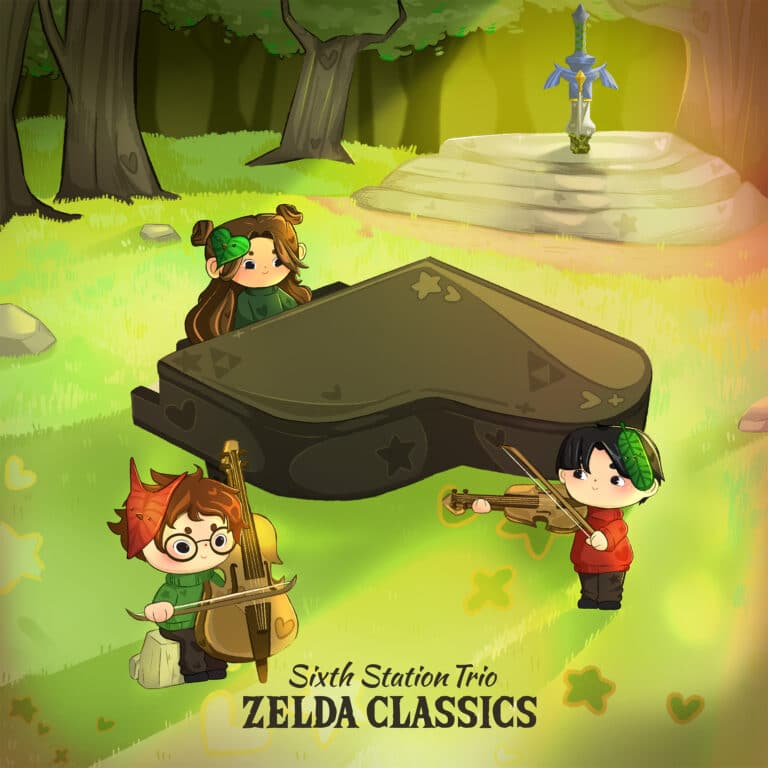 Zelda Classics album cover by Sixth Station Trio featuring three Koroks playing music in The Lost Woods by The Master Sword