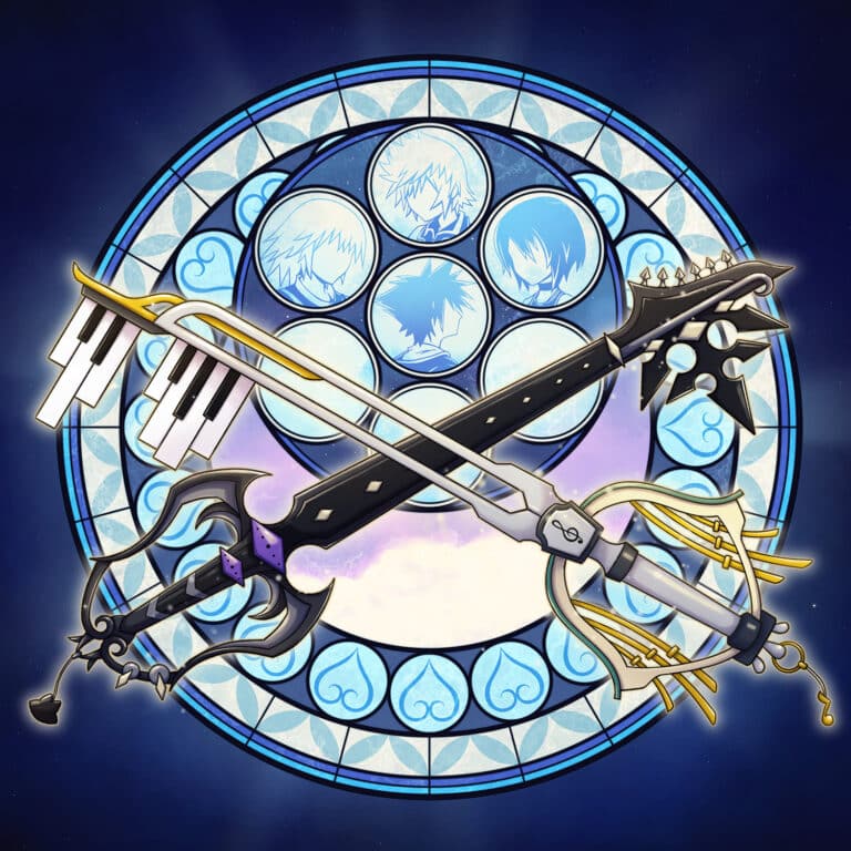 Stained glass from Kingdom Hearts with keyblades that resemble a piano and guitar, the album cover of Sora & Chill by Pete Frogs